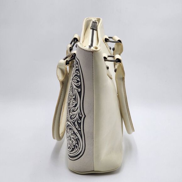 Trinity Ranch Western Floral Embossed Leather White Tote Bag - Picture 3 of 16